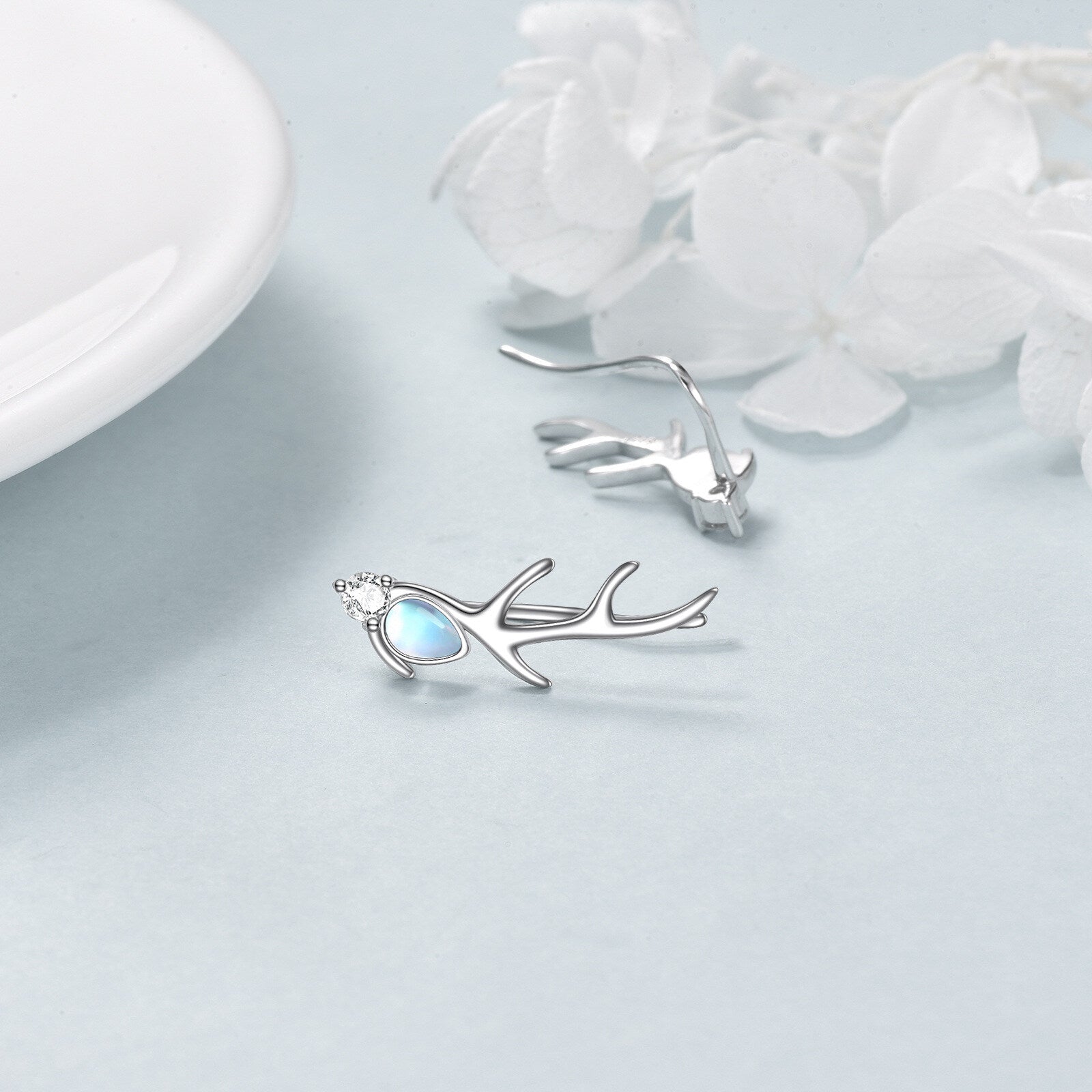 Sterling Silver Pear Shaped Moonstone Elk Climber Earrings