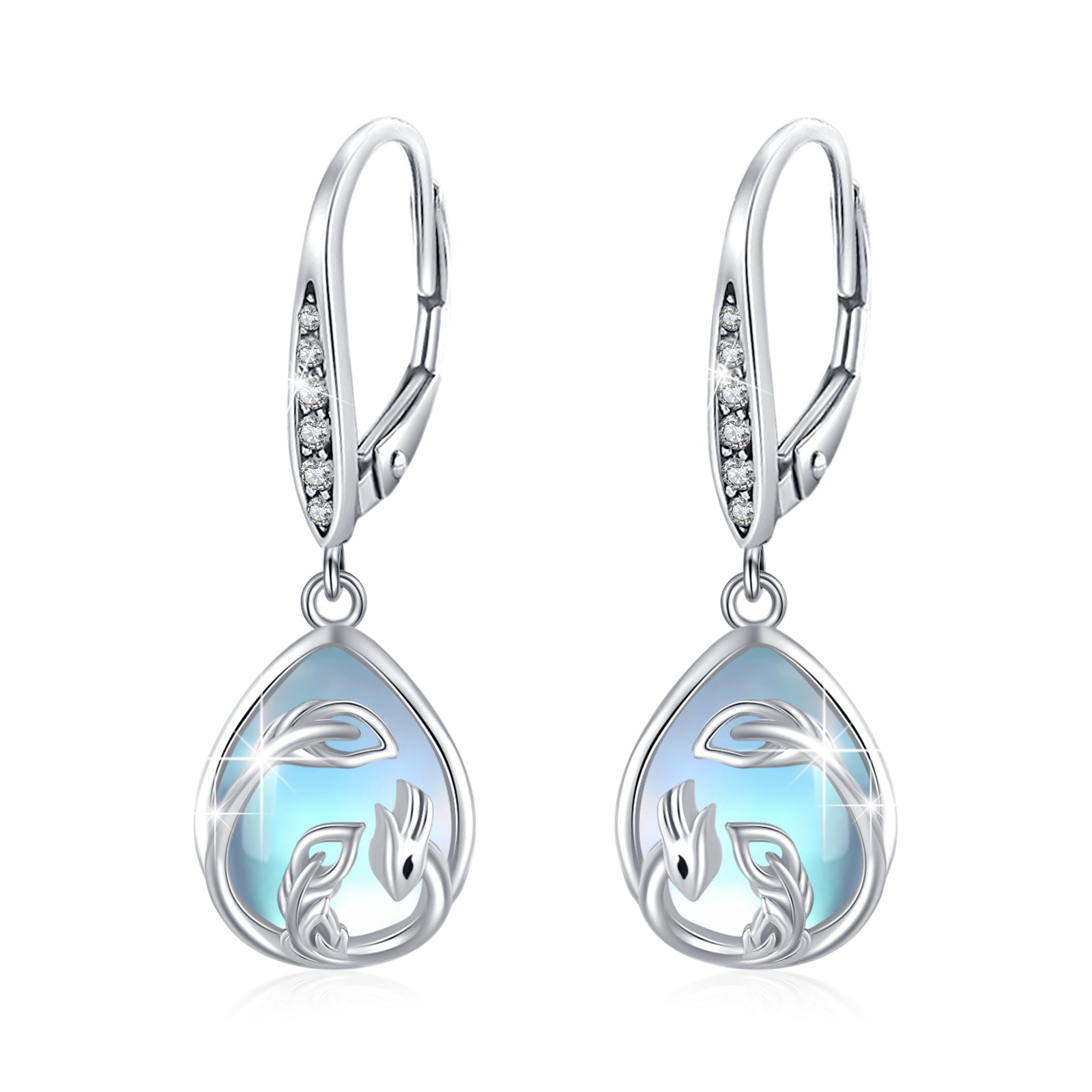 Sterling Silver Pear Shaped Moonstone Phoenix & Drop Shape Lever-back Earrings