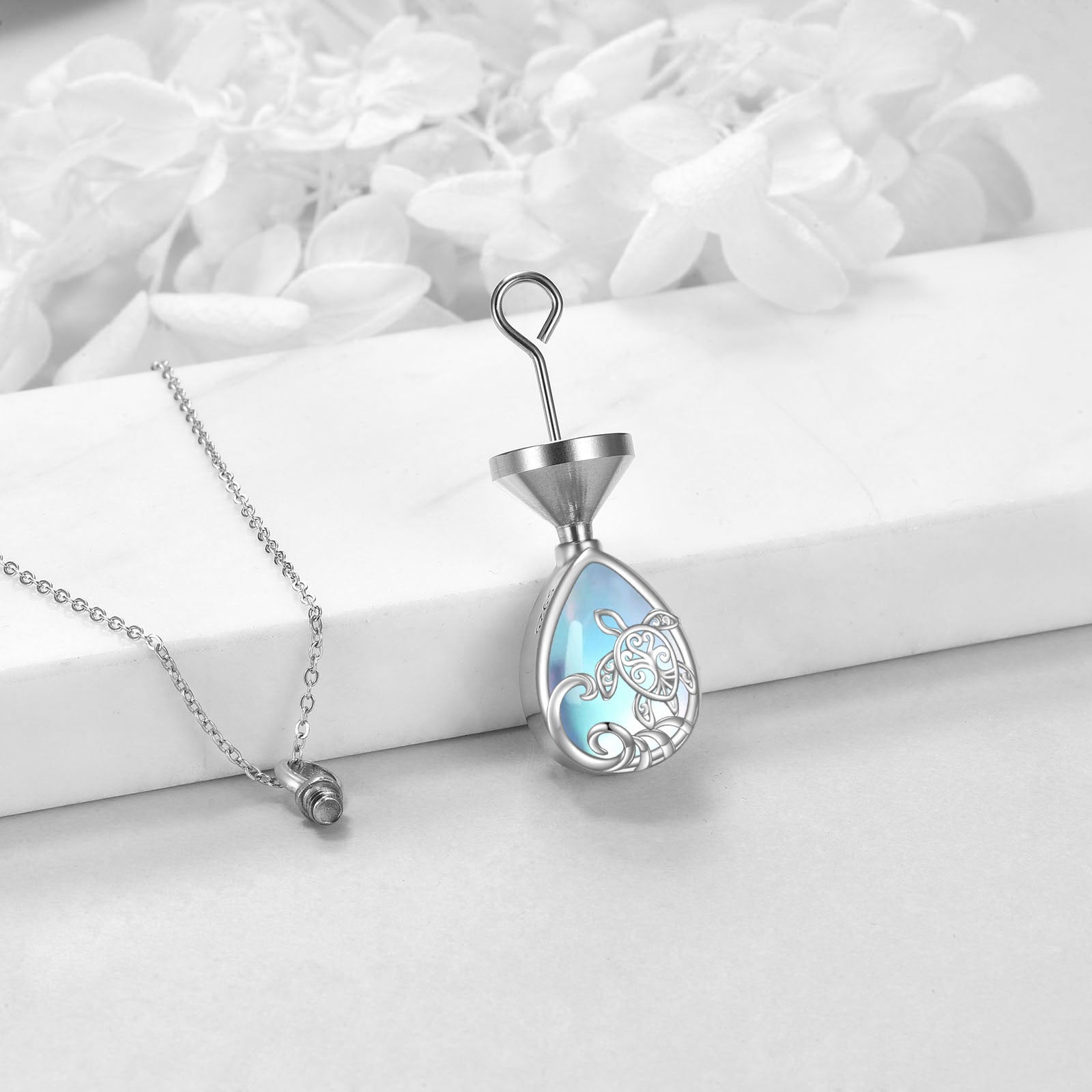 Sterling Silver Pear Shaped Moonstone Sea Turtle Urn Necklace for Ashes