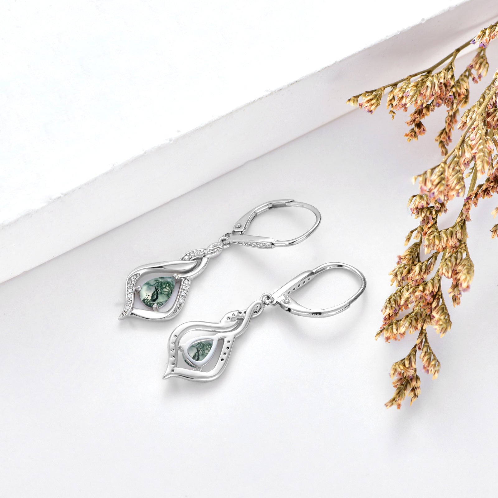 Sterling Silver Pear Shaped Moss Agate Drop Shape Lever-back Earrings