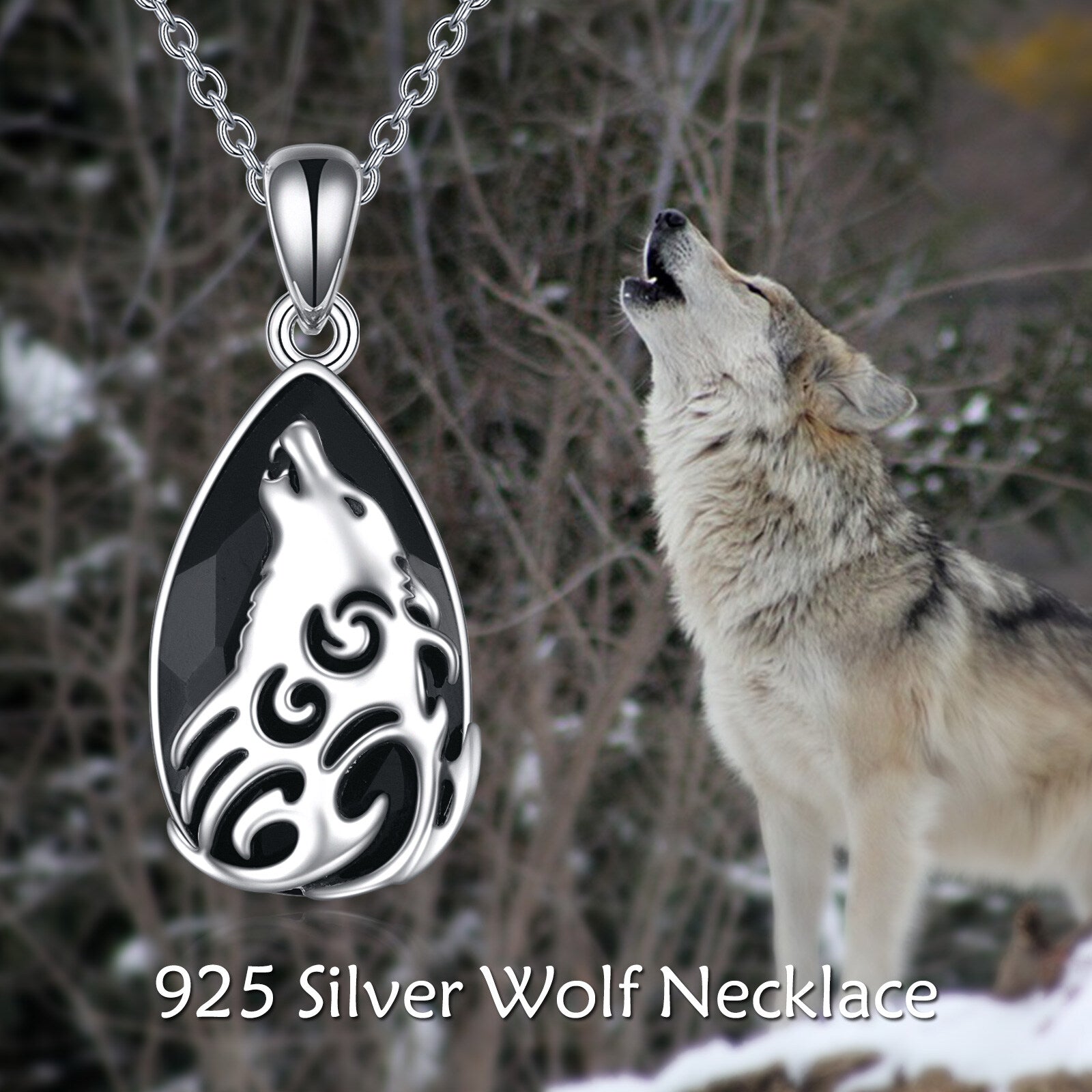 Sterling Silver Pear Shaped Obsidian Wolf Pendant Necklace