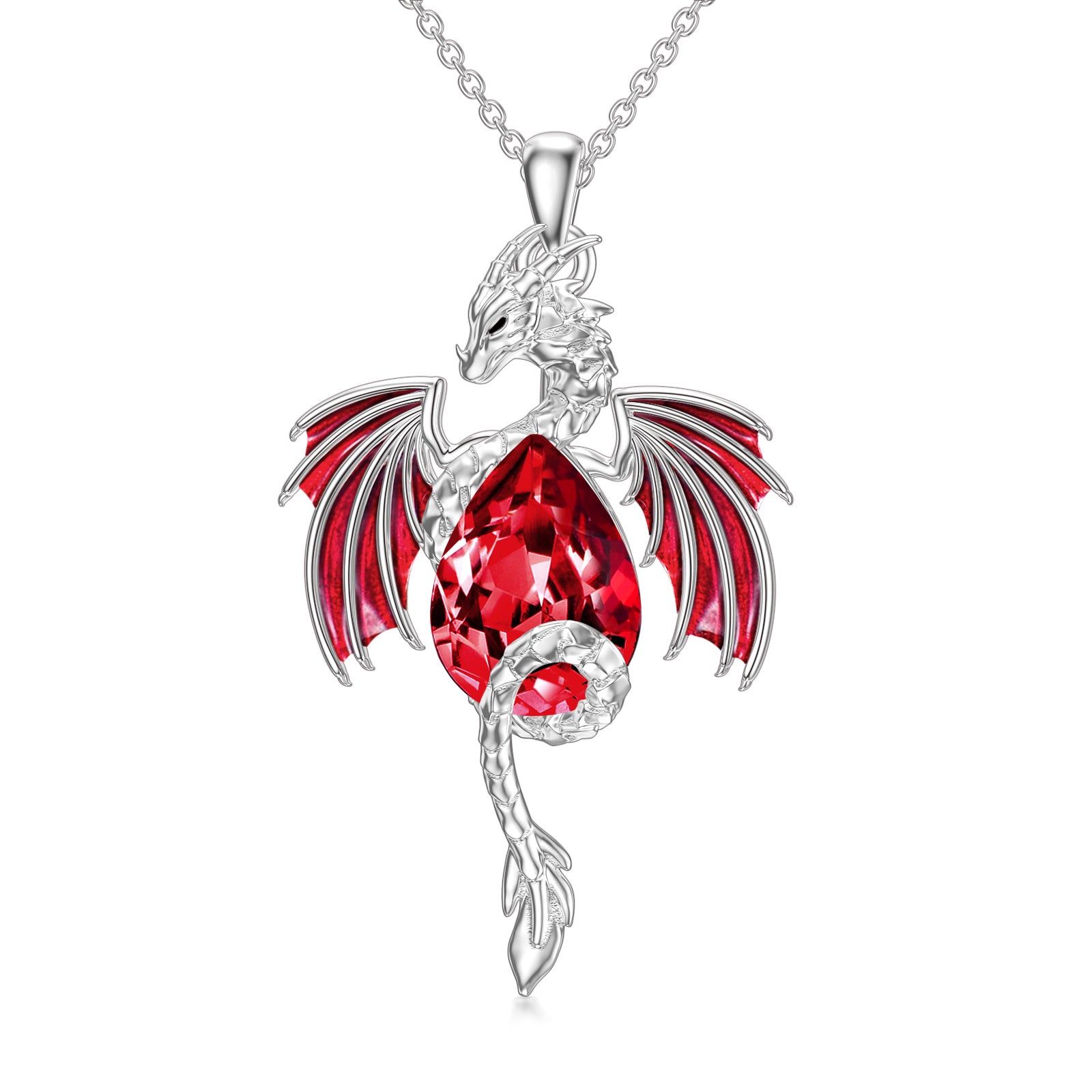 Sterling Silver Pear Shaped Ruby Dragon Crystal Pendant Necklace