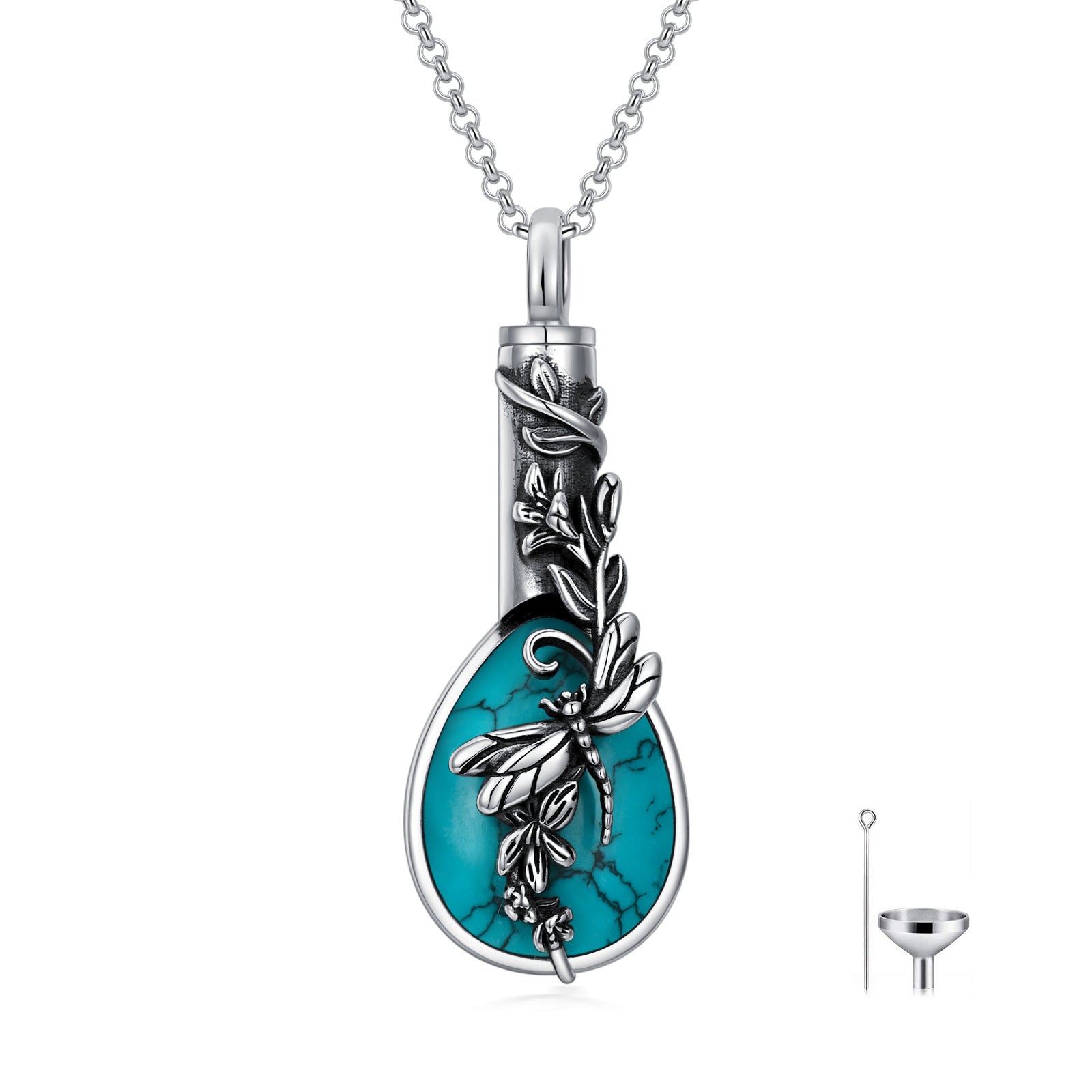 Sterling Silver Pear Shaped Turquoise Dragonfly Urn Necklace for Ashes