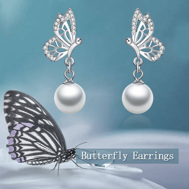 Sterling Silver Pearl Butterfly Drop Earrings