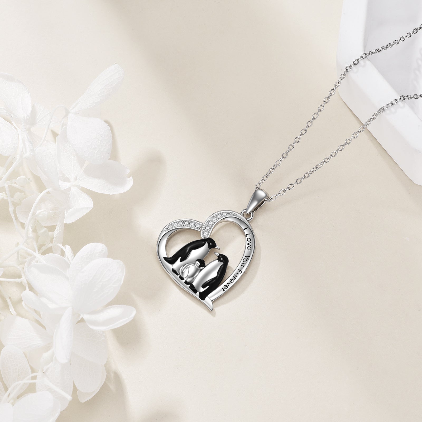 Sterling Silver Penguin Family Heart Pendant Necklace with Engraved Word