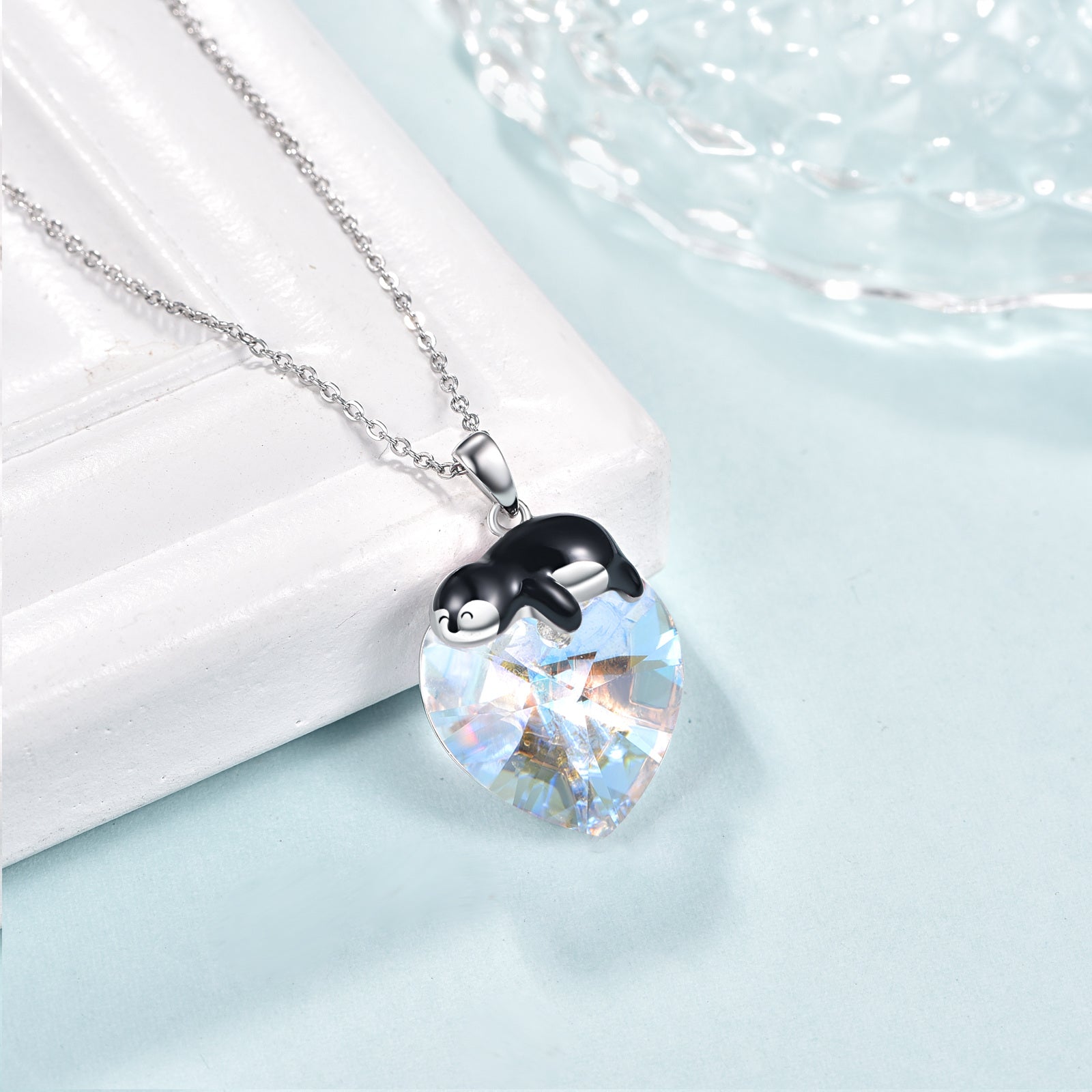Sterling Silver Penguin & Heart Crystal Pendant Necklace