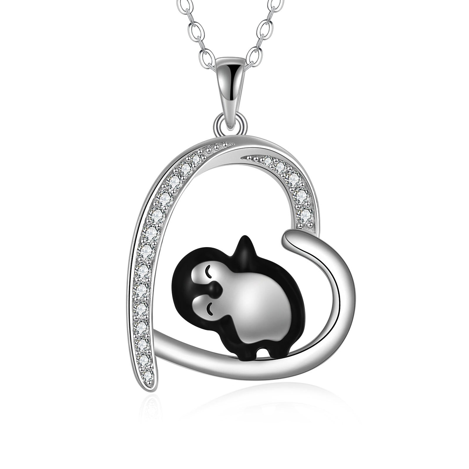Sterling Silver Cubic Zirconia Penguin & Heart Pendant Necklace