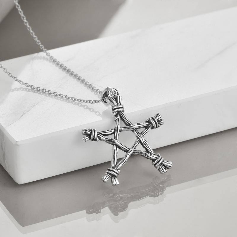 Sterling Silver Pentagram & Witch Pendant Necklace