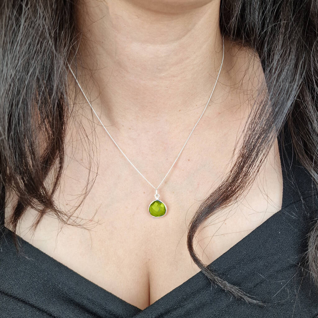 Sterling Silver Shiny Green Peridot August Birthstone Charm Necklace