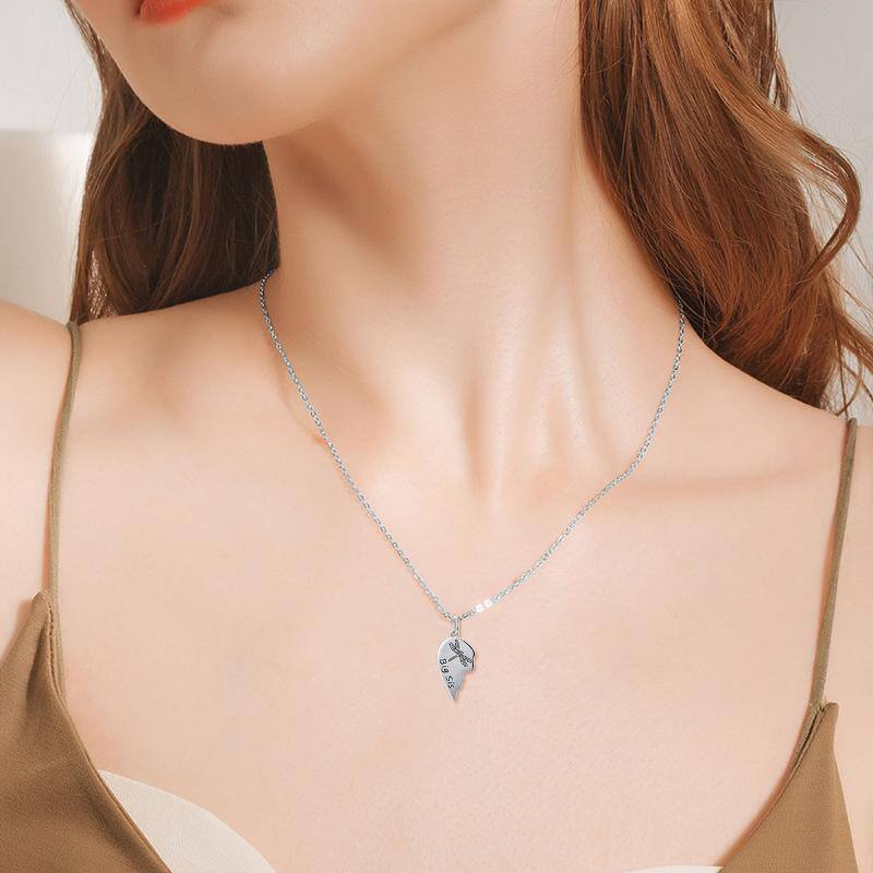 Sterling Silver Personalized Birthstone Dragonfly & Heart Sisters Pendant Necklace