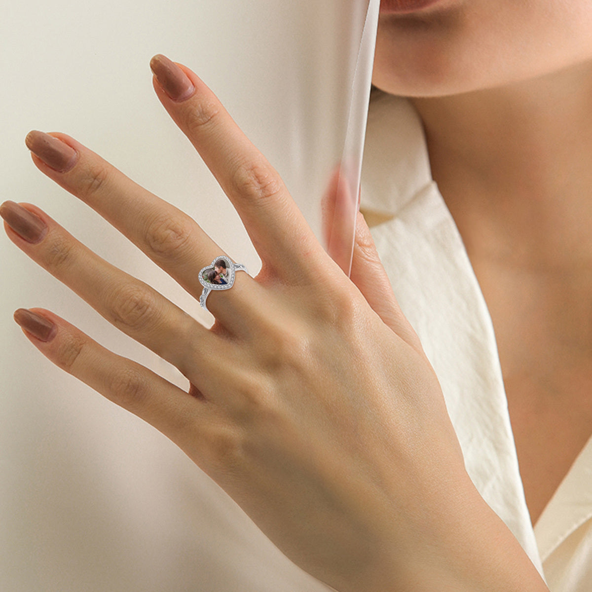 Sterling Silver Heart Cubic Zirconia Personalized Engraving & Photo Ring For Women