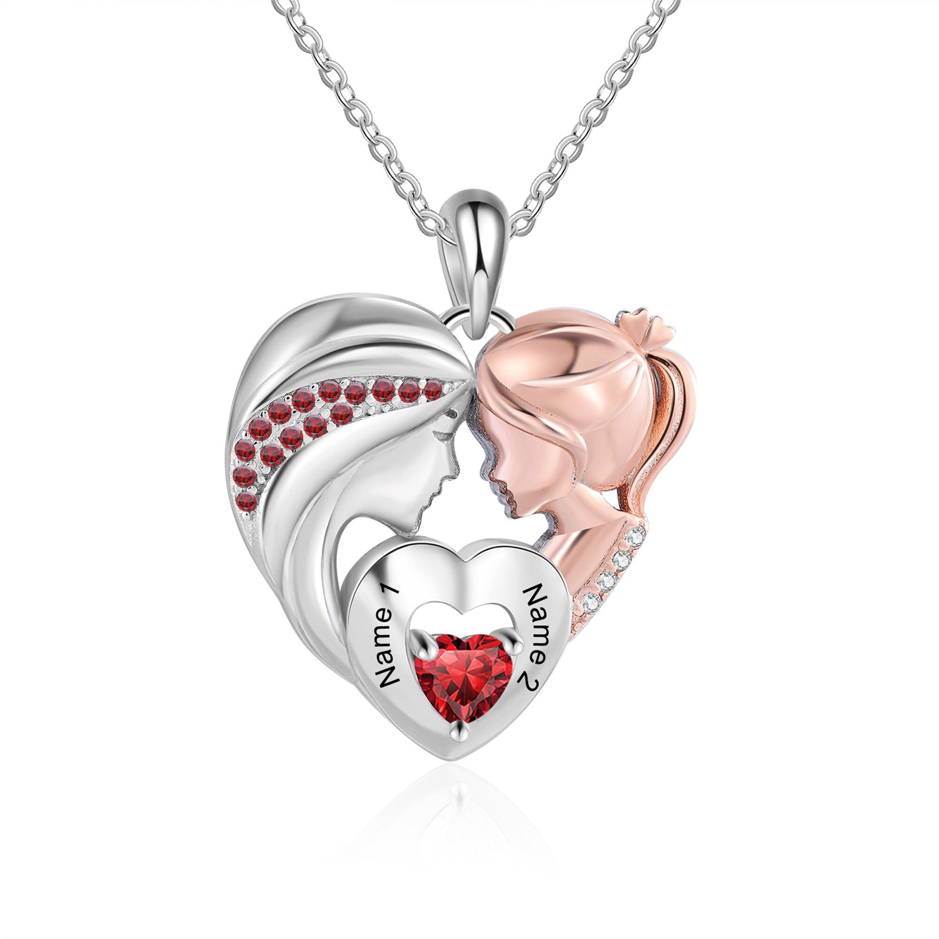 Sterling Silver Cubic Zirconia Personalized Engraving & Mother & Daughter & Heart Pendant Necklace