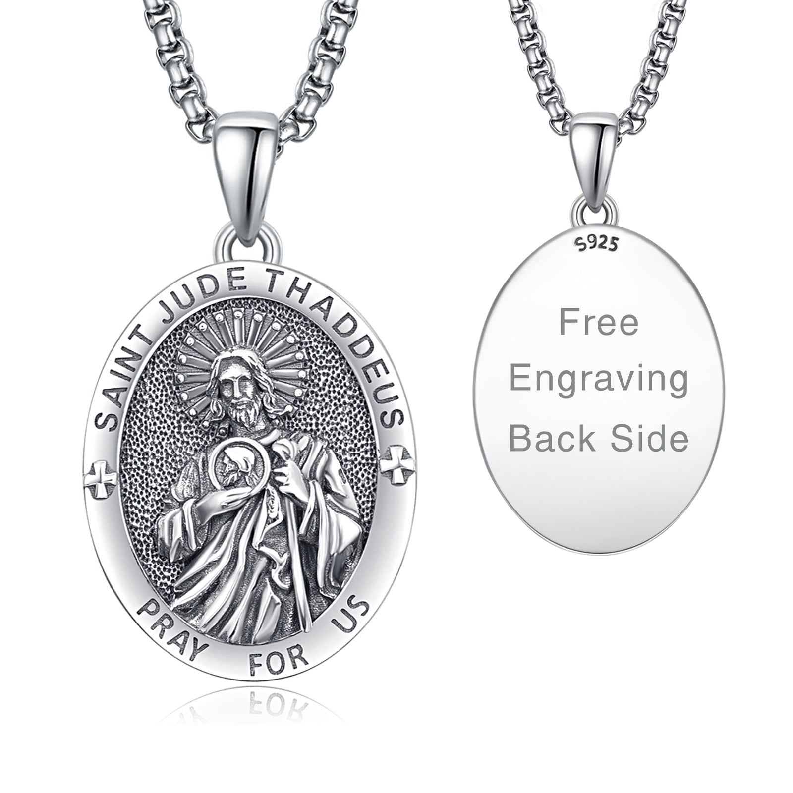 Sterling Silver Personalized Engraving & Saint Jude Pendant Necklace with Engraved Word