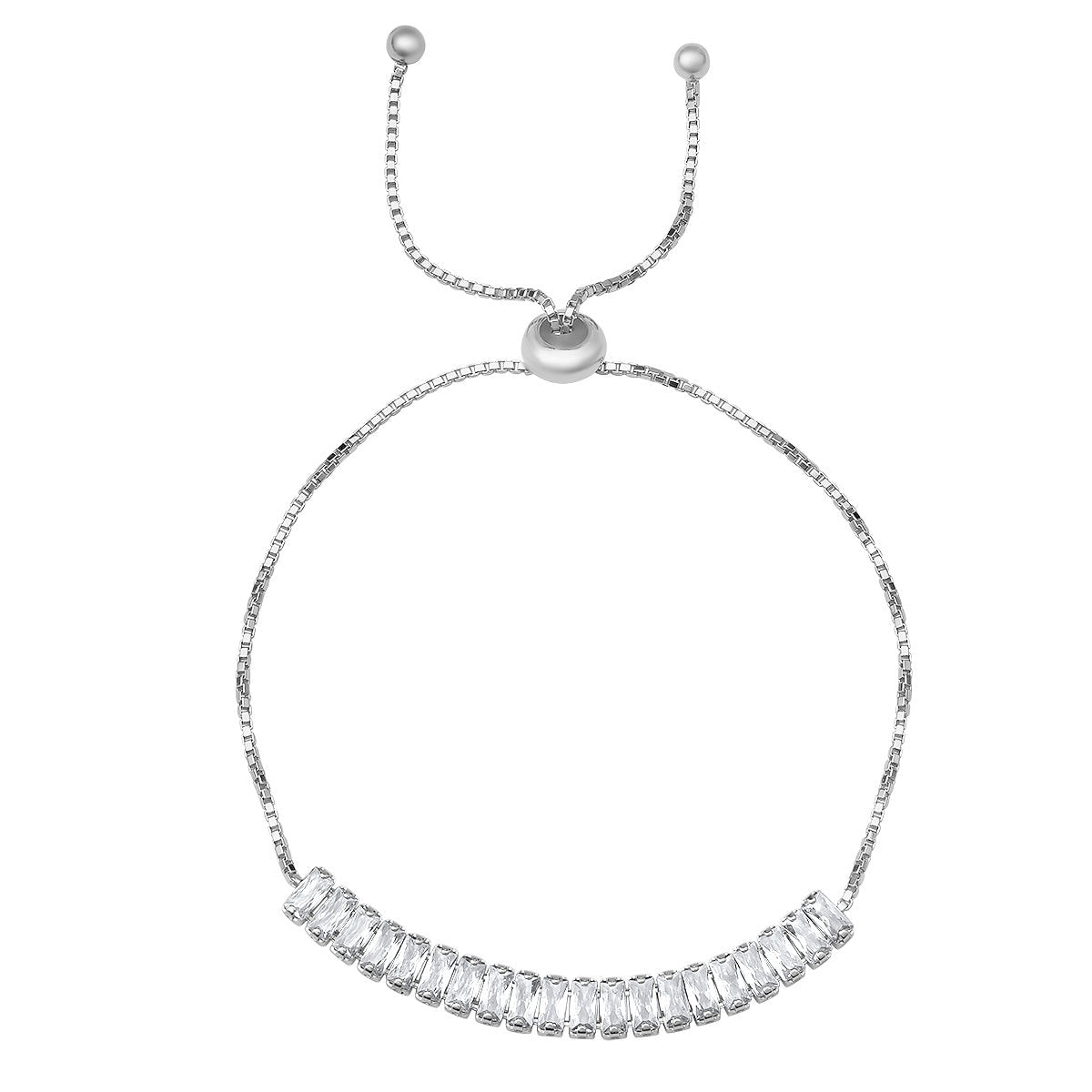 Petite Baguette-Cut Diamond Cz Adjustable Bracelet In Sterling Silver