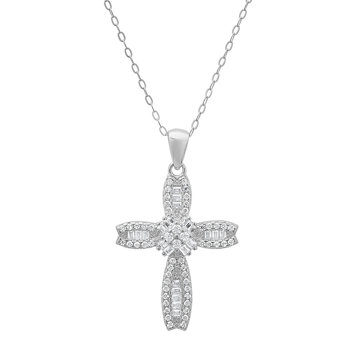 Petite Luxurious Baguette-Cut Diamond Cz Cross Pendant Necklace In Sterling Silver