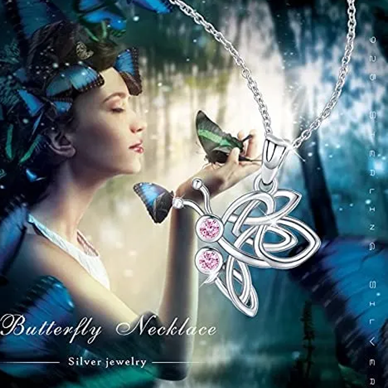 Sterling Silver Pink Cubic Zirconia Celtic Knot Butterfly Pendant Necklace for Women