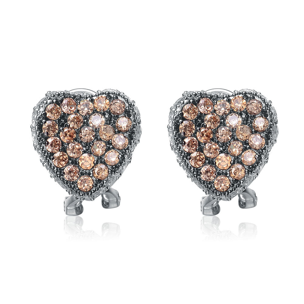 Sterling Silver White Gold Plated With Pink Cubic Zirconia Pave Heart Earrings