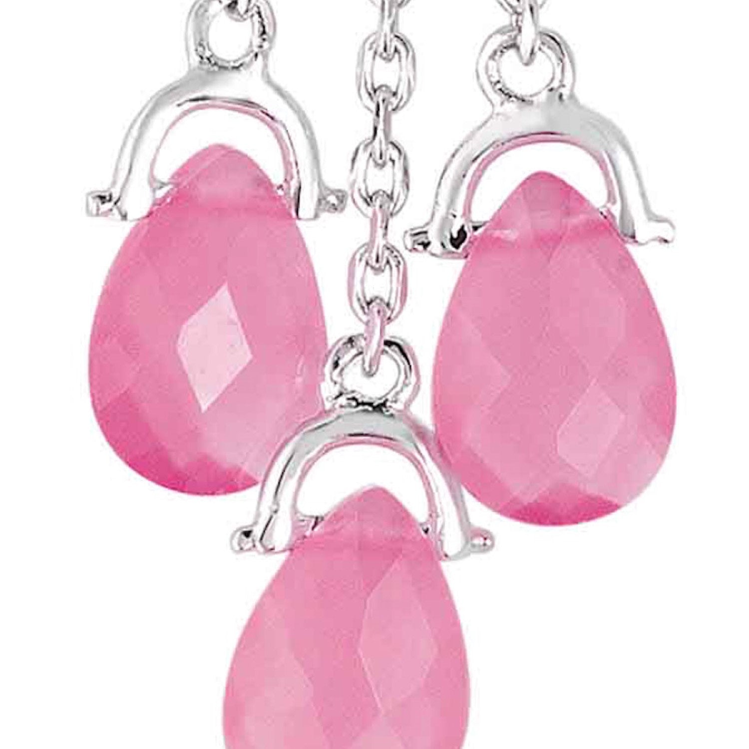 Sterling Silver White Gold Plated With Pink Cubic Zirconia Three Strand Earrings