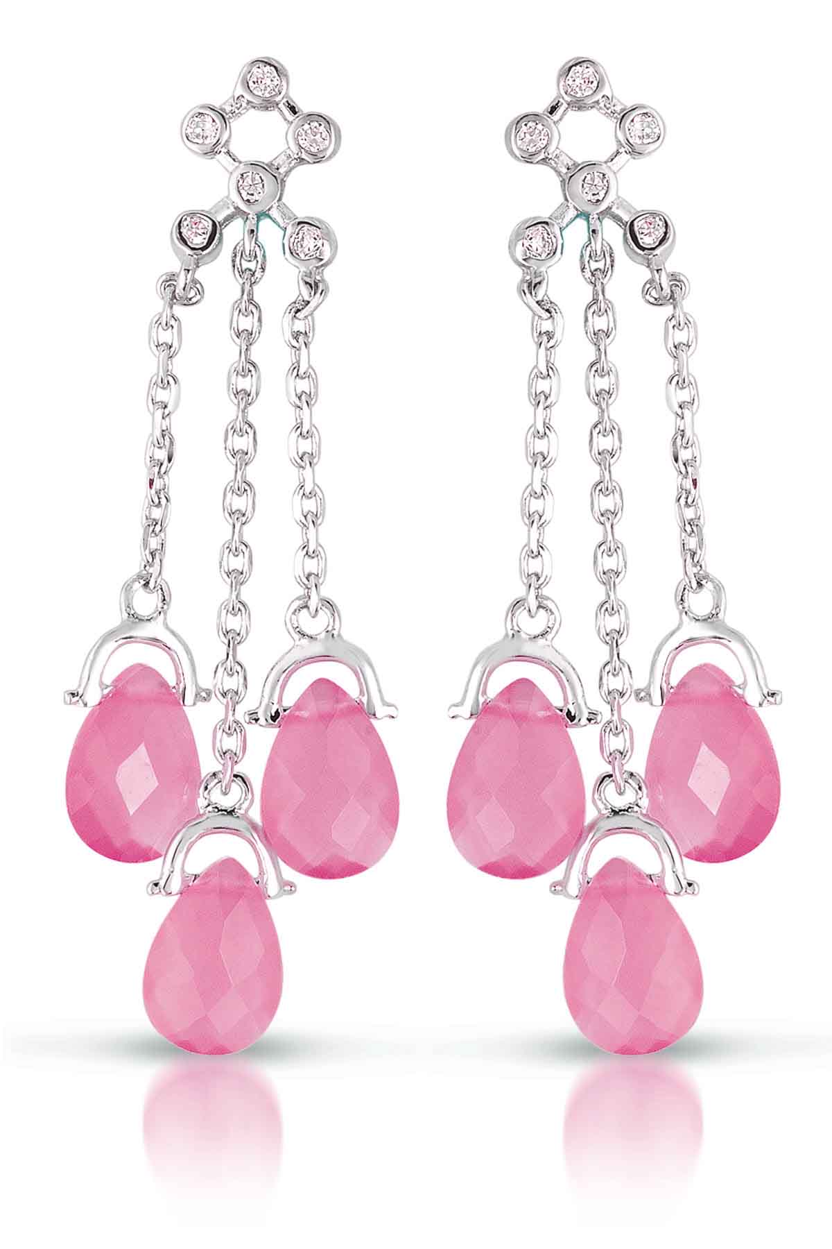 Sterling Silver White Gold Plated With Pink Cubic Zirconia Three Strand Earrings