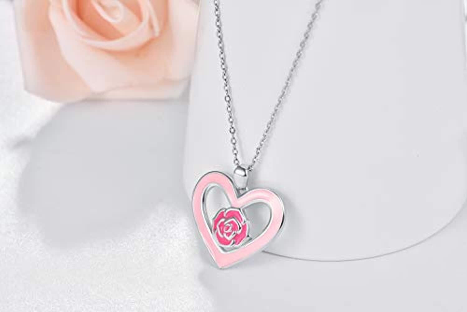 Sterling Silver Pink Heart & Rose Pendant Necklace