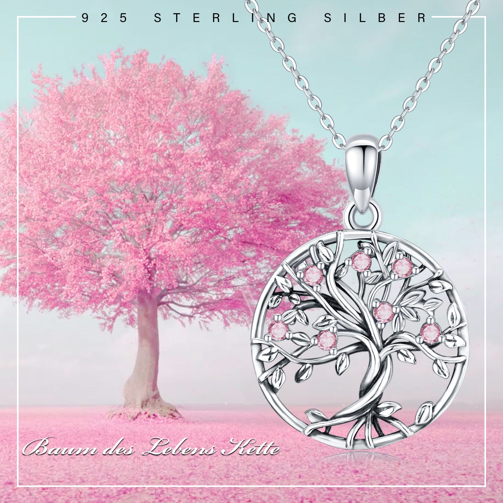 Sterling Silver Pink Cubic Zirconia Tree Of Life Circle Necklace for Women