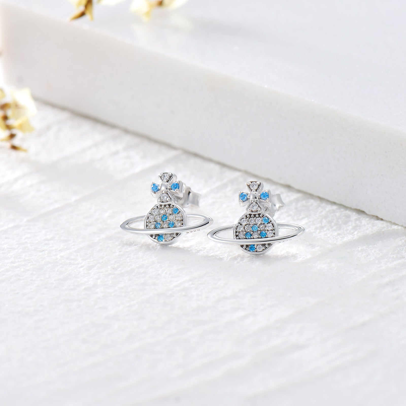 Sterling Silver Cubic Zirconia Planet Stud Earrings