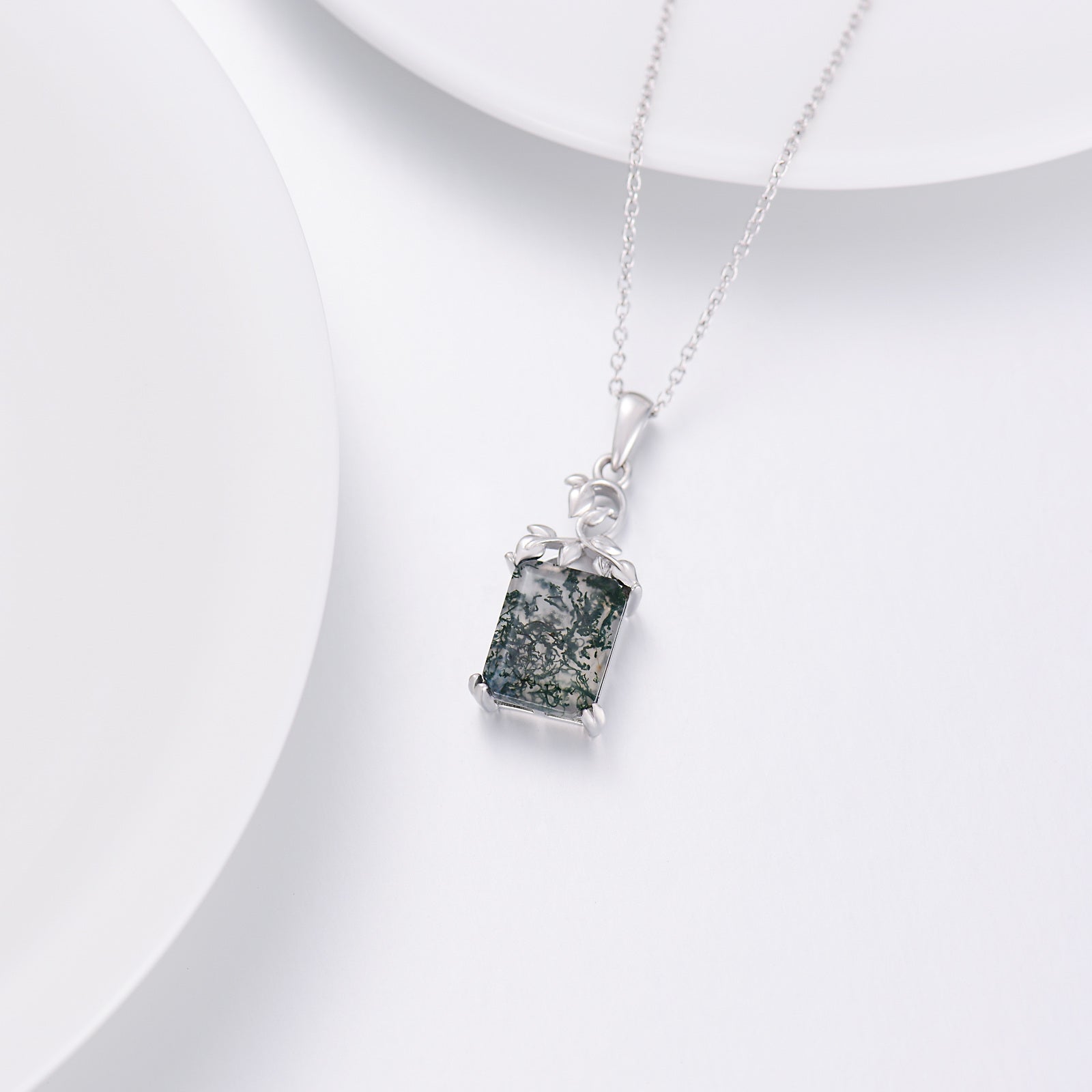 Sterling Silver Princess-Square Agate & Moss Agate Pendant Necklace For Women Best Friends