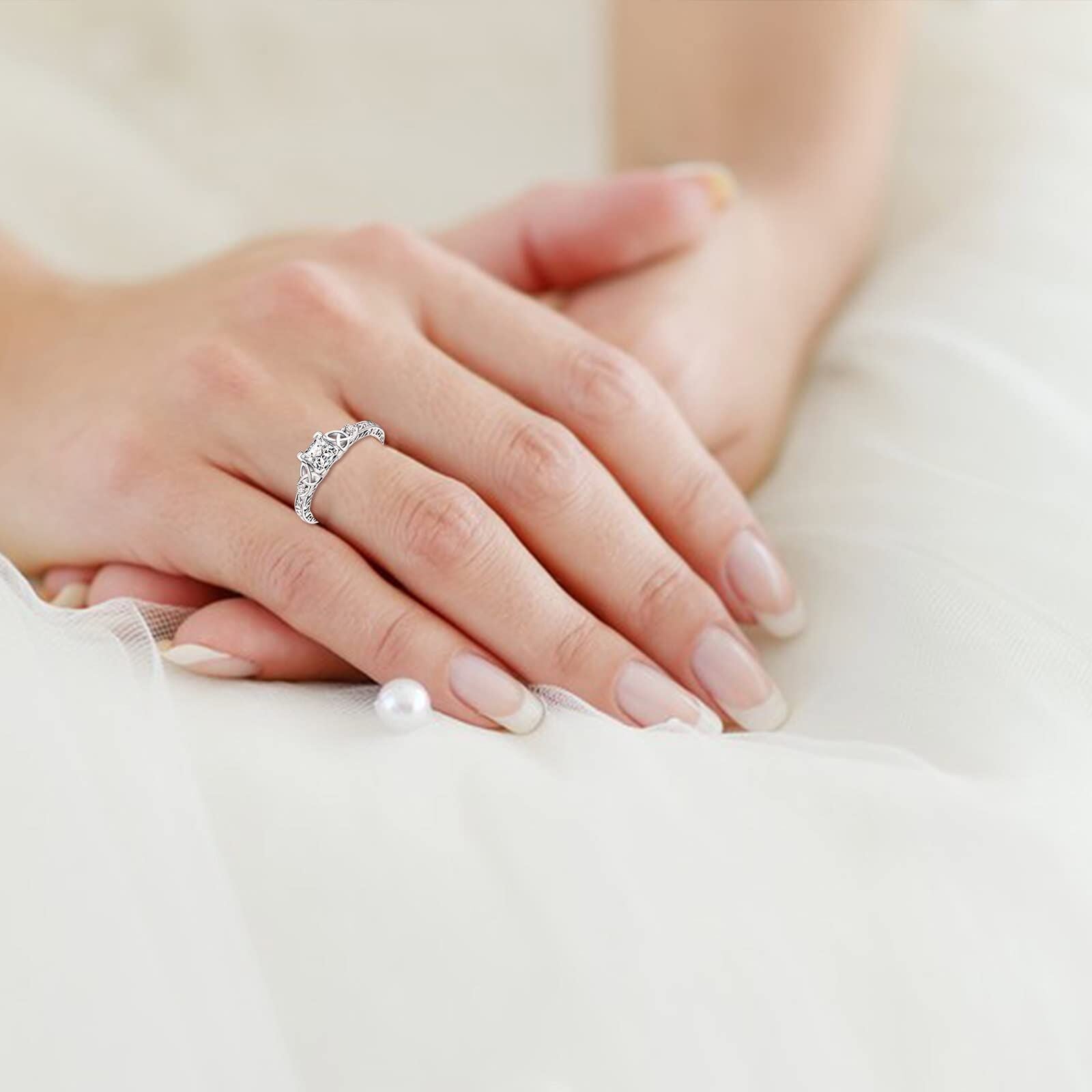 Sterling Silver Princess-square Shaped Moissanite Celtic Knot & Square Wedding Ring