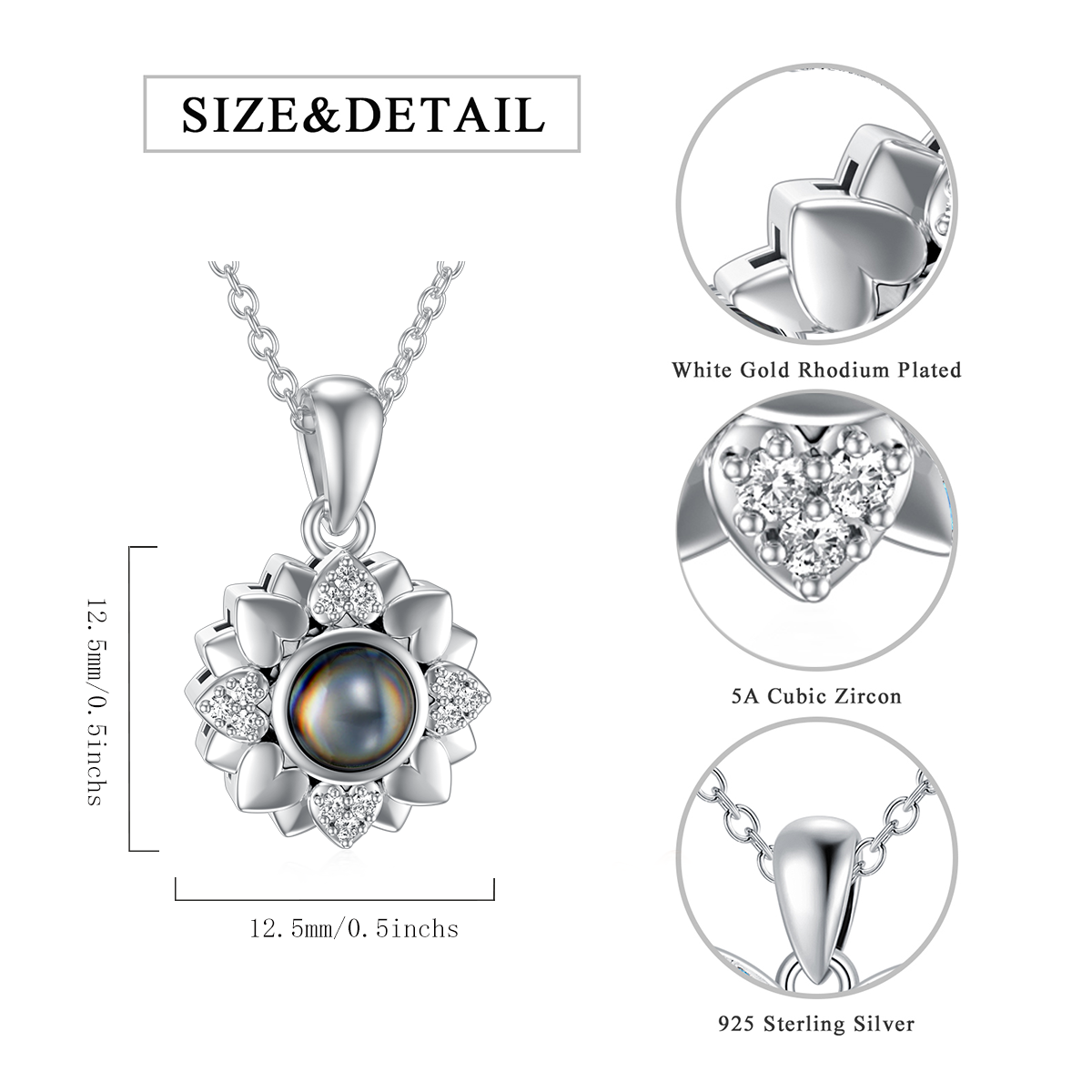 Sterling Silver Sunflower Personalized Projection Stone Photo Pendant Necklace For Women Best Friend