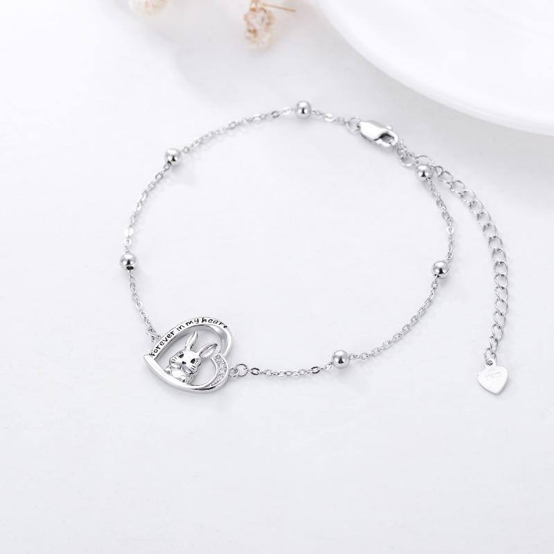 Sterling Silver Cubic Zirconia Rabbit & Heart Charm Bracelet with Engraved Word