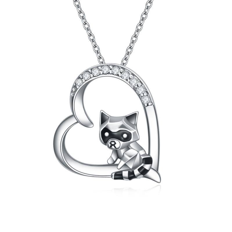 Sterling Silver Cubic Zirconia Raccoon & Heart Pendant Necklace
