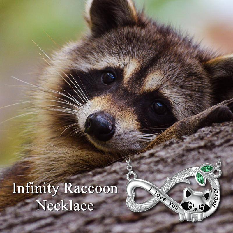 Sterling Silver Cubic Zirconia Raccoon & Infinity Symbol Pendant Necklace with Engraved Word