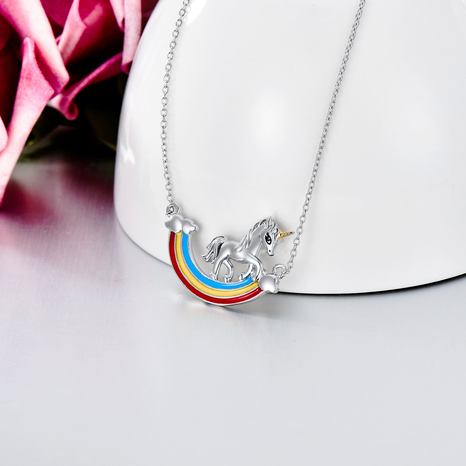 Sterling Silver Rainbow & Unicorn Pendant Necklace
