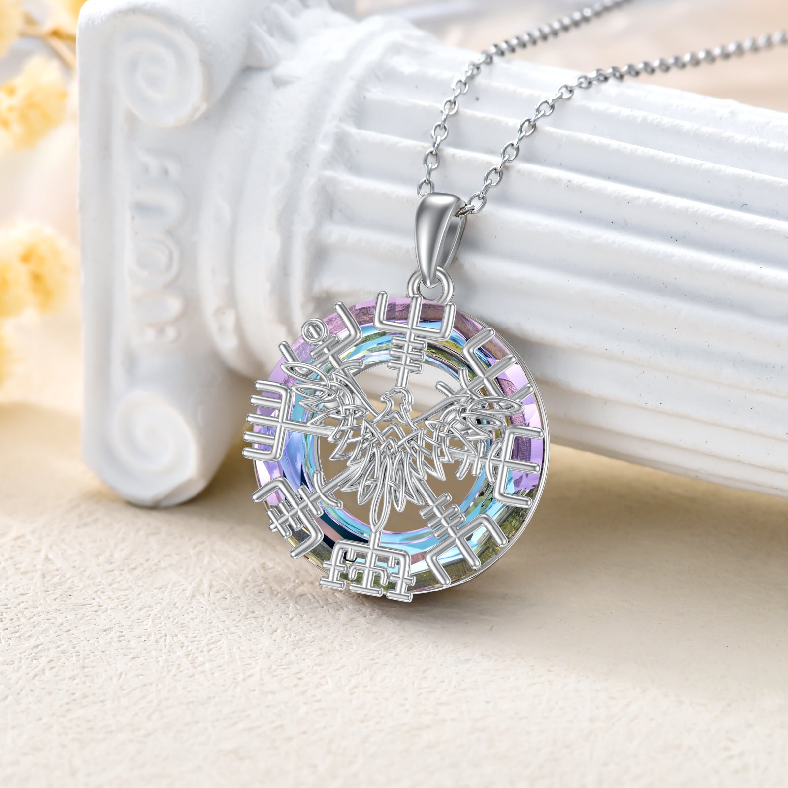 Sterling Silver Raven & Viking Rune Crystal Pendant Necklace