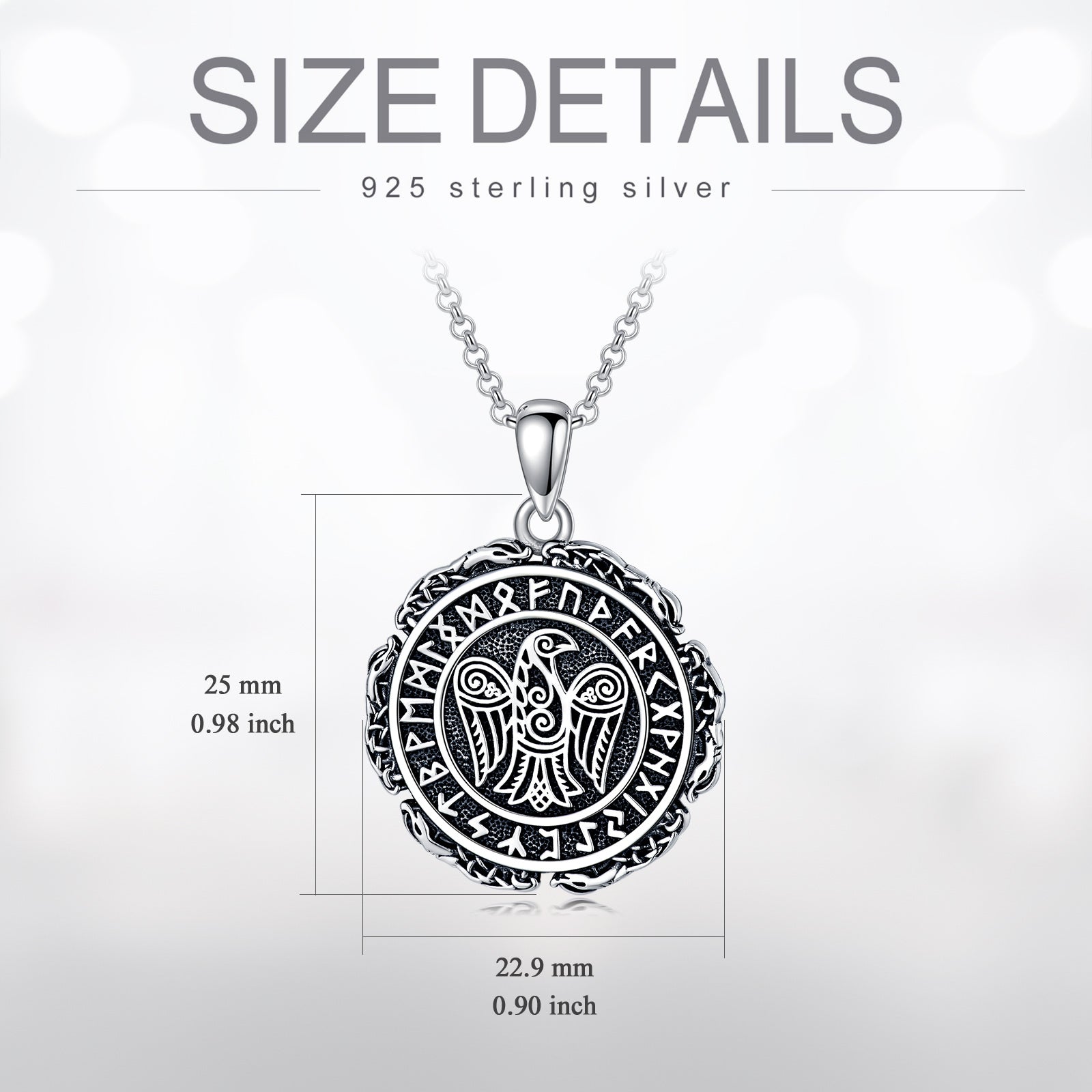 Sterling Silver Raven & Viking Rune Pendant Necklace
