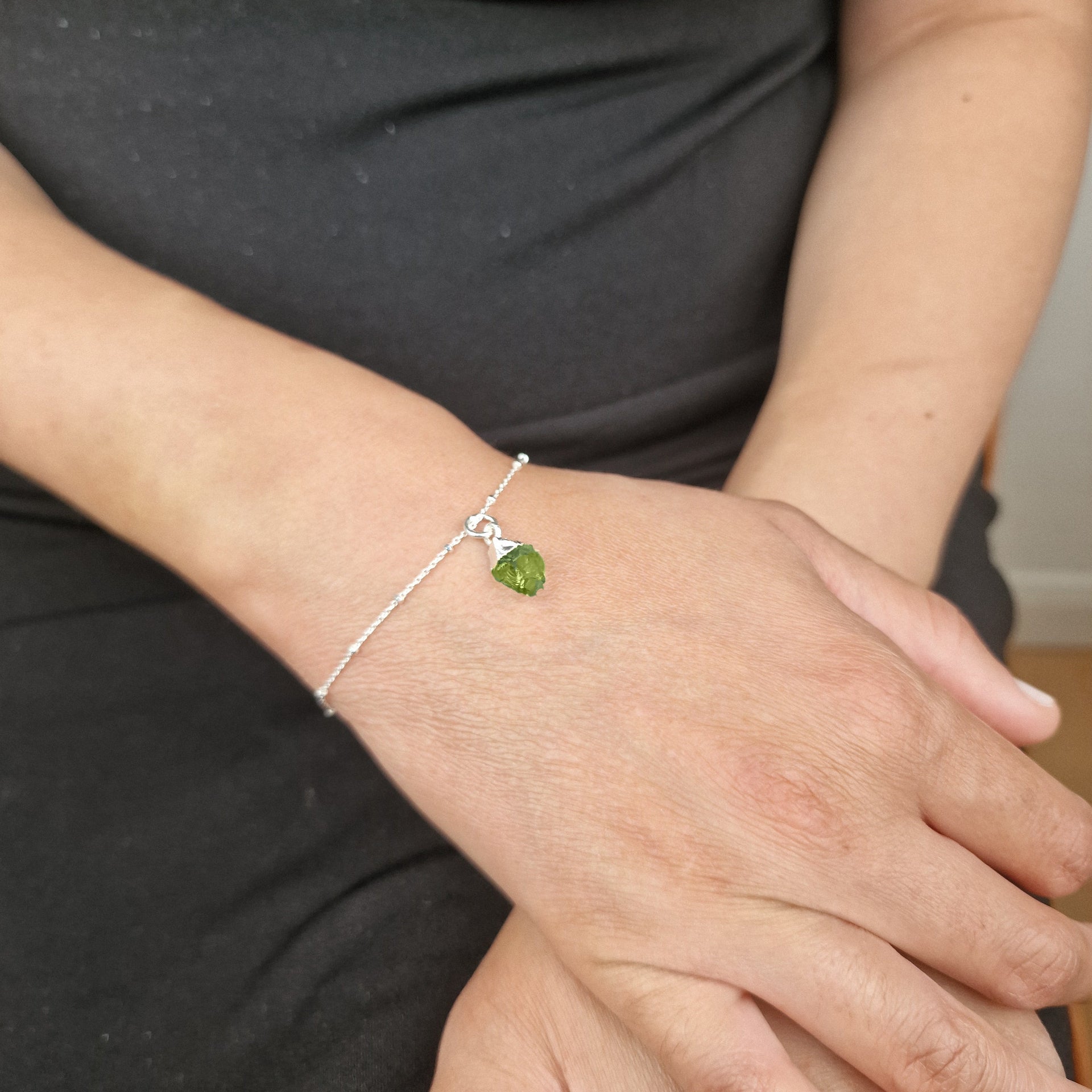 Sterling Silver Raw Green Peridot August Birthstone Crystal Bracelet