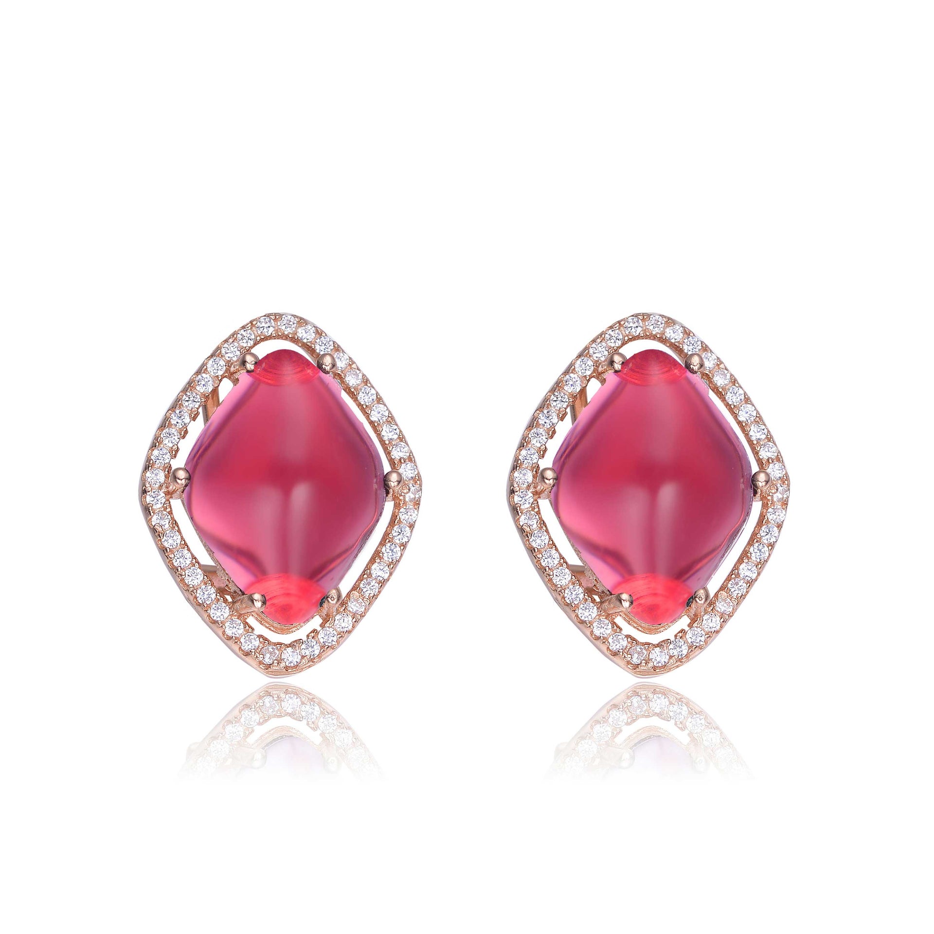 Sterling Silver Rose Gold Plated With Red Cubic Zirconia Button Earrings