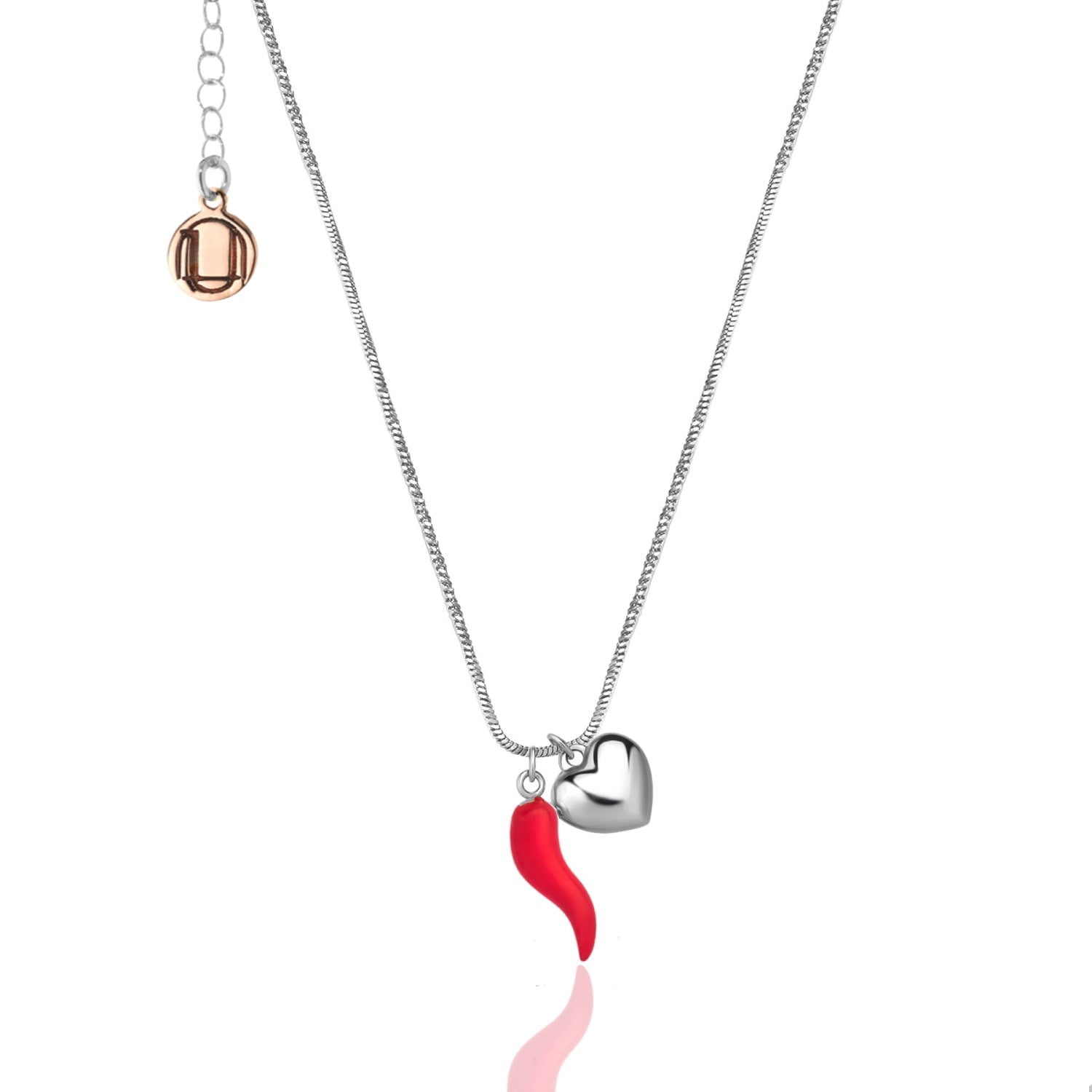 Sterling Silver Red Enamel Cornicello Necklace With Heart Charm – Handmade Italian Good Luck Symbol