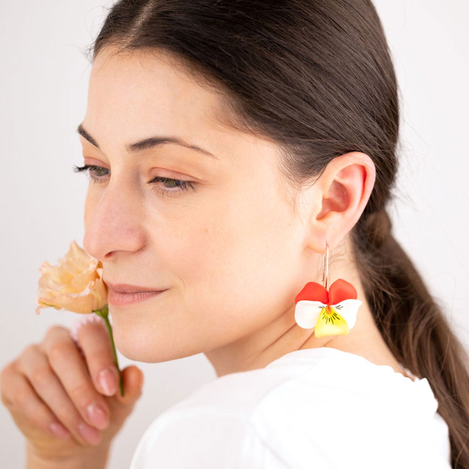 Sterling Silver Red Pansy Flower Dangle Earrings