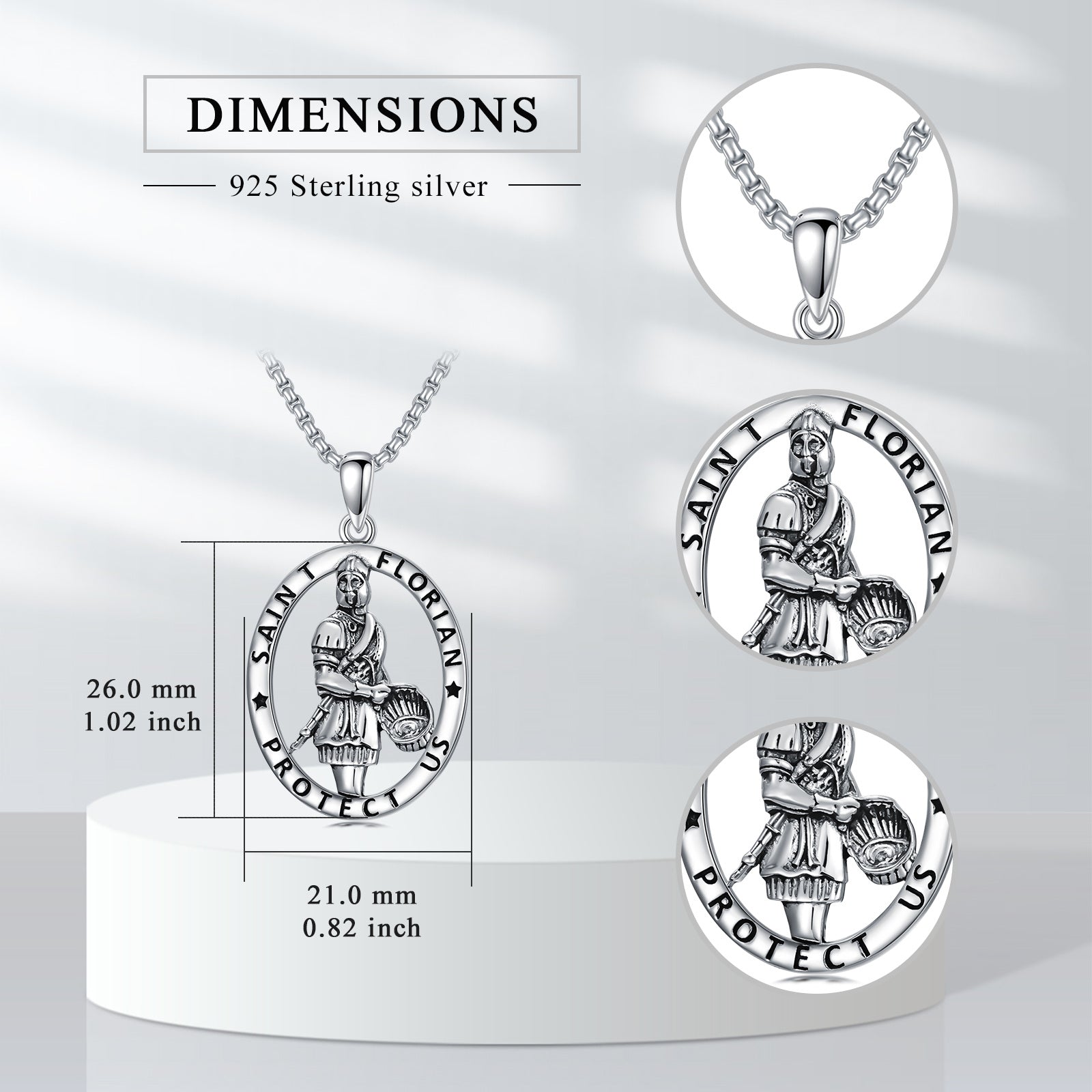 Sterling Silver Retro Saint Florian Pendant Necklace with Engraved Word