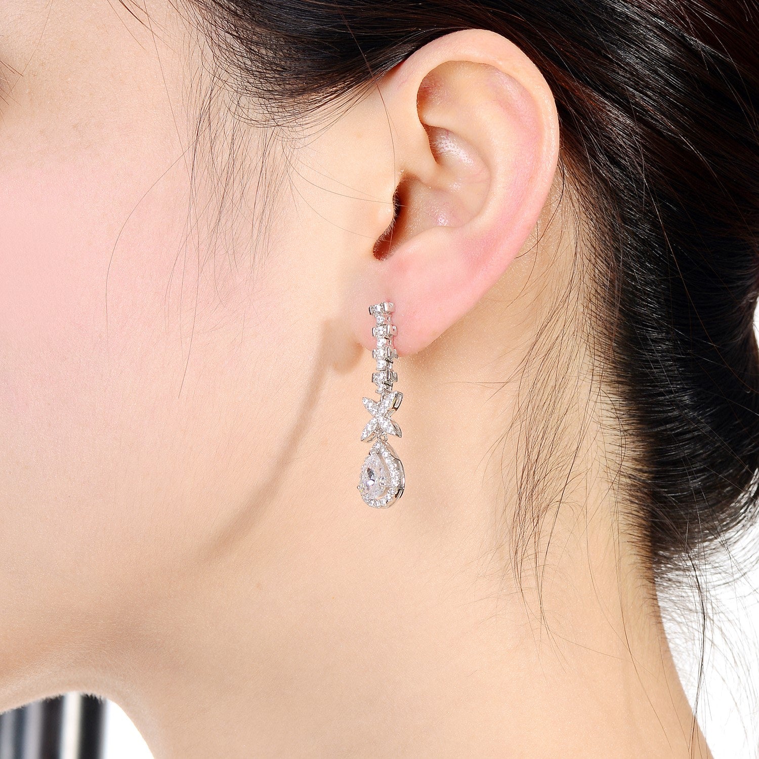 Sterling Silver Rhodium Plated Cubic Zirconia Dangle Earrings