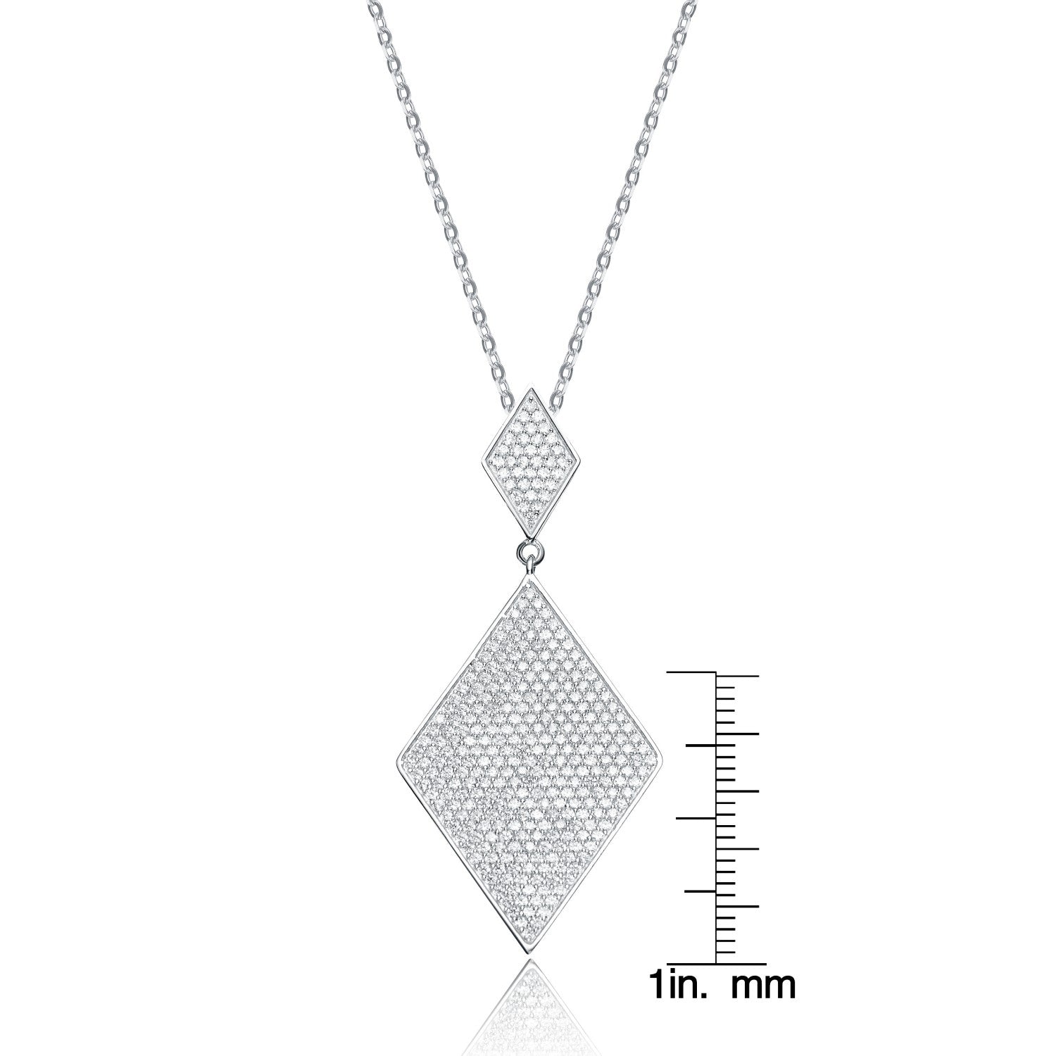 Sterling Silver Rhodium Plated White Cubic Zirconia Two Connected Diamond-Shaped Figures Pendant