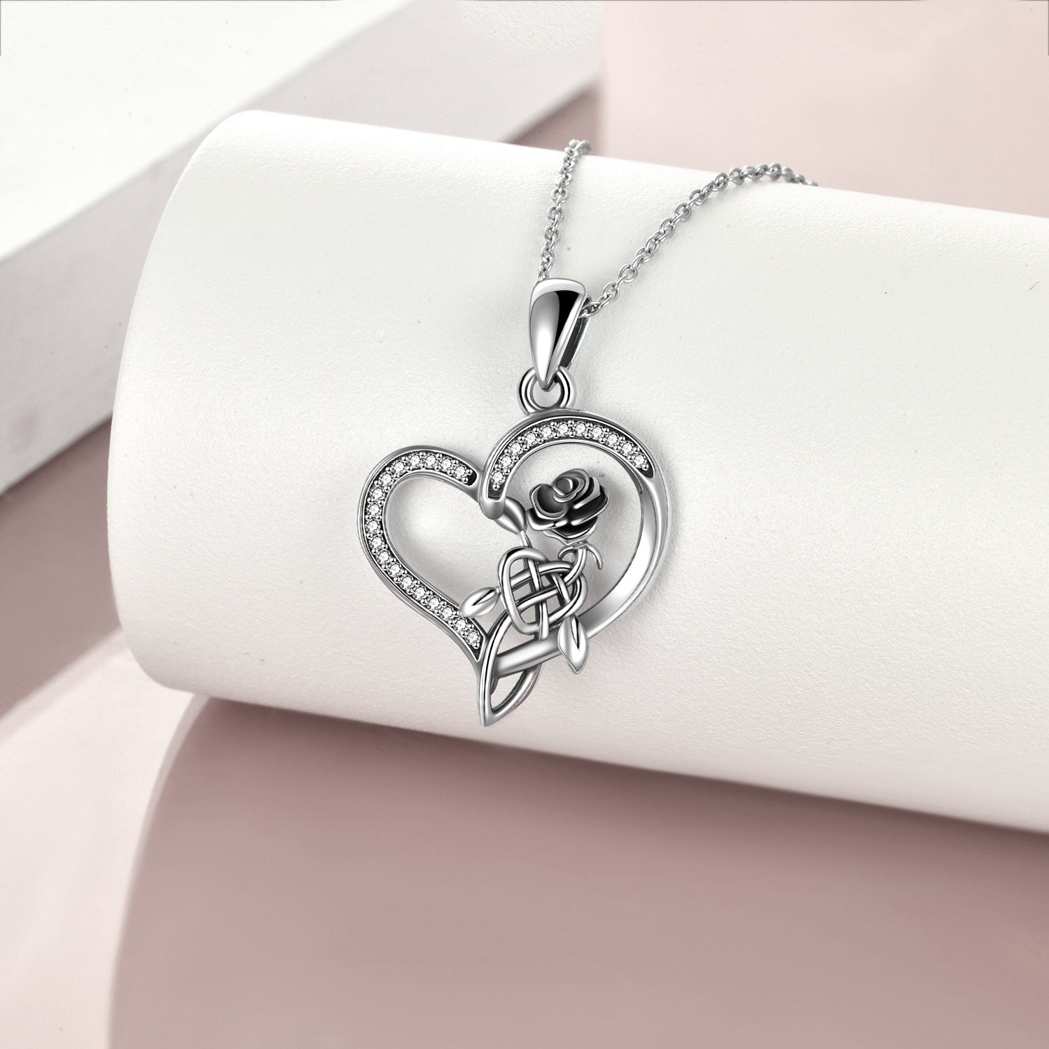 Sterling Silver Heart Cubic Zirconia Rose & Celtic Knot Pendant Necklace For Women