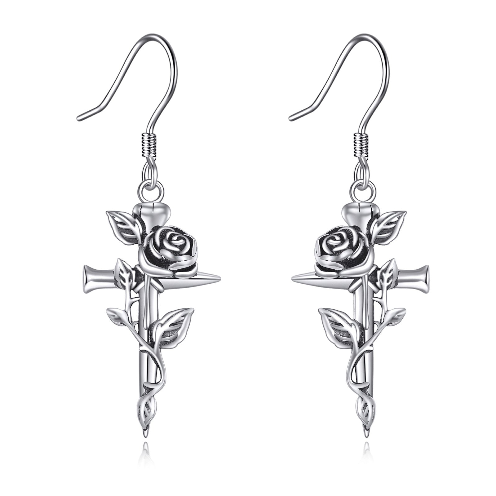 Sterling Silver Rose & Cross Drop Earrings