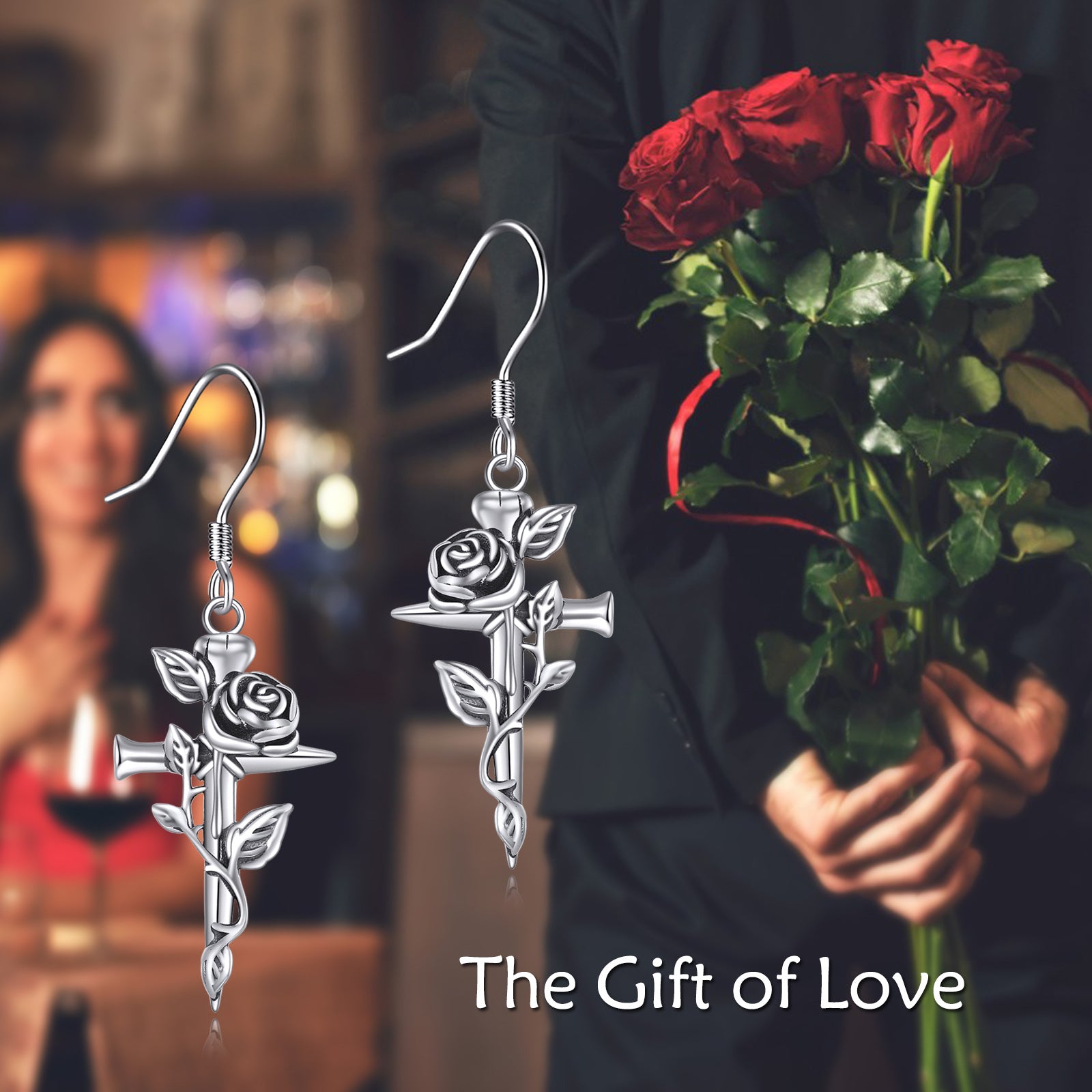 Sterling Silver Rose & Cross Drop Earrings
