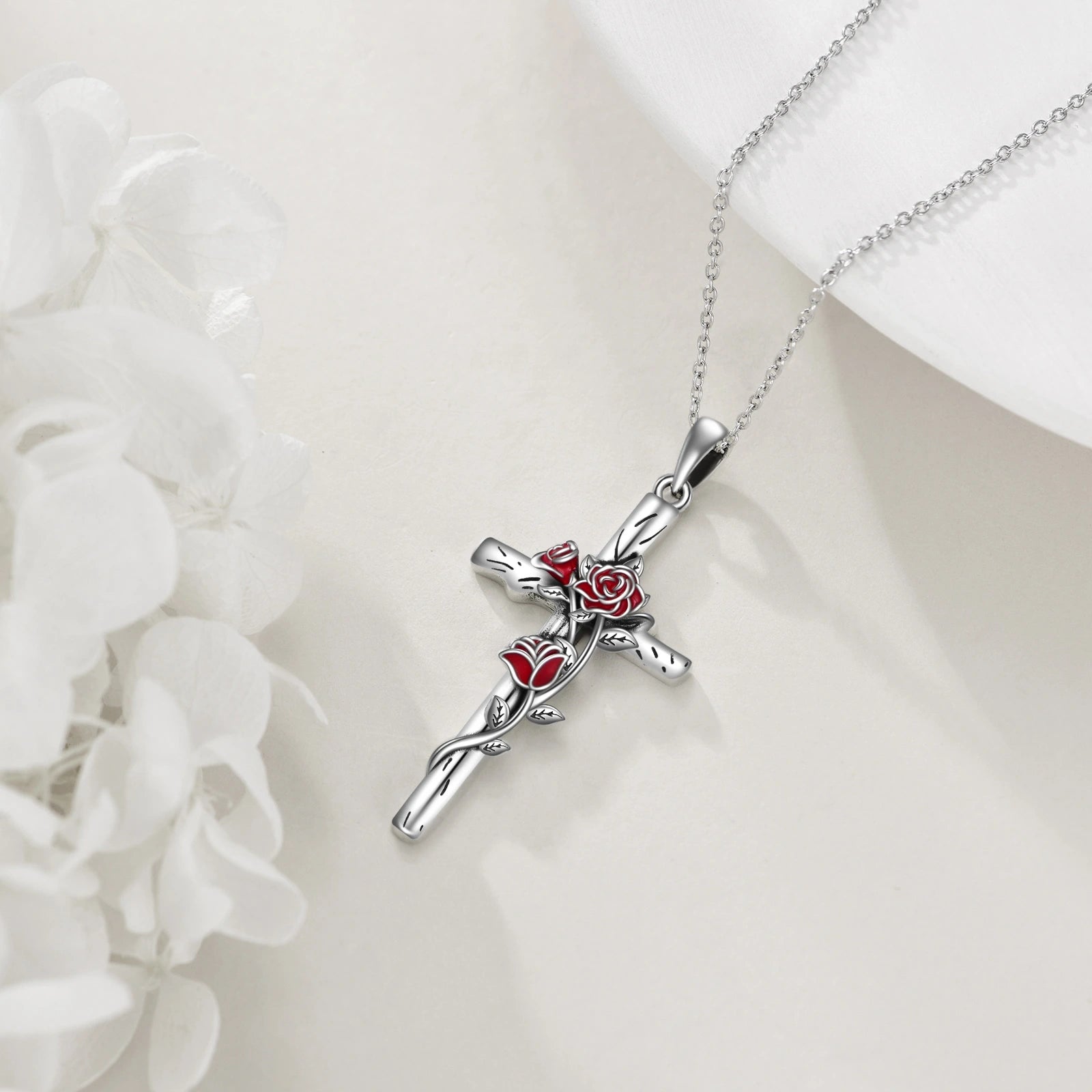 Sterling Silver Rose & Cross Pendant Necklace