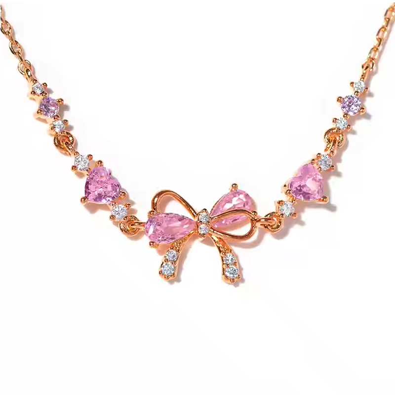 Sterling Silver with Rose Gold Plated Cubic Zirconia Bow Necklace
