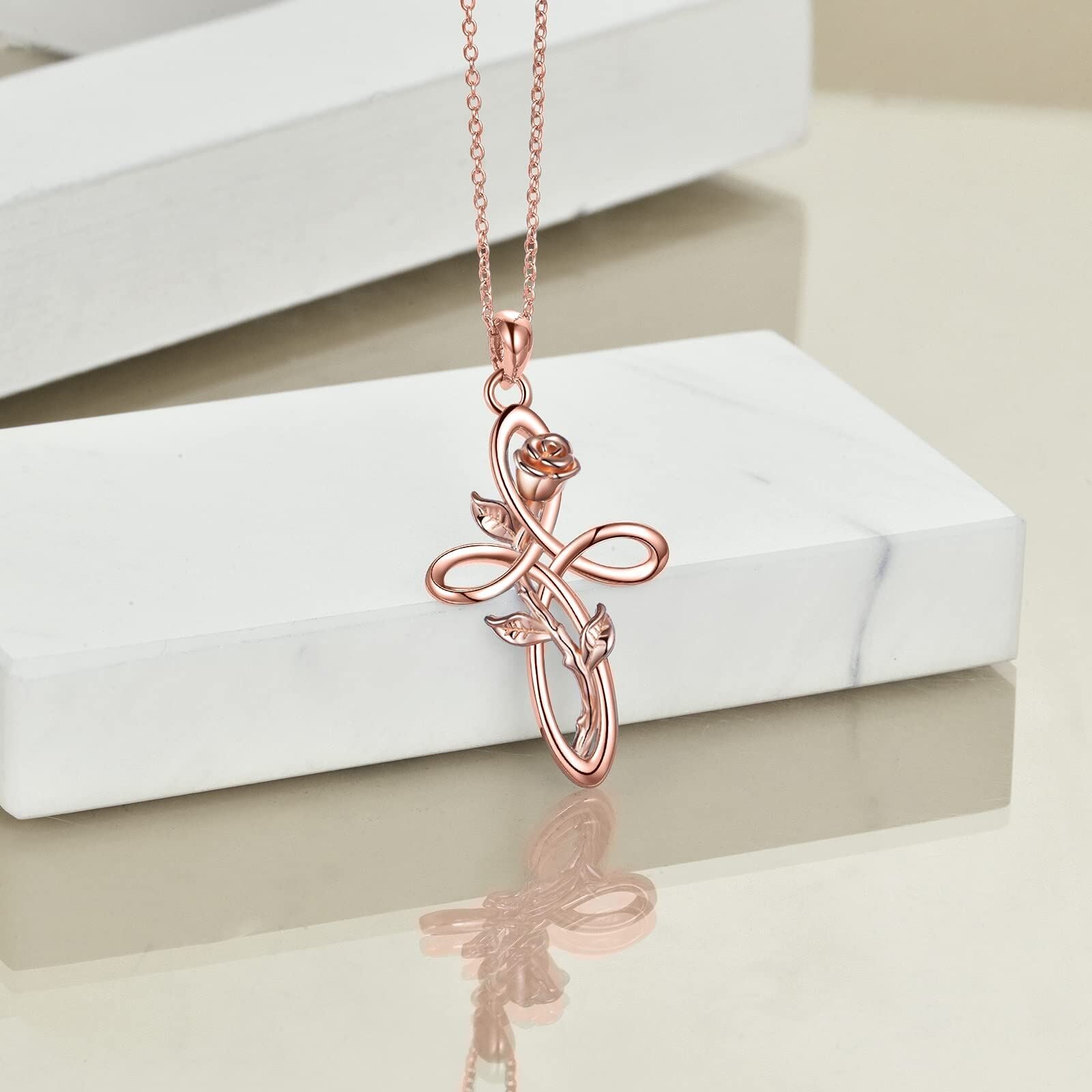 Sterling Silver with Rose Gold Plated Rose & Celtic Knot Cross Necklace for Women