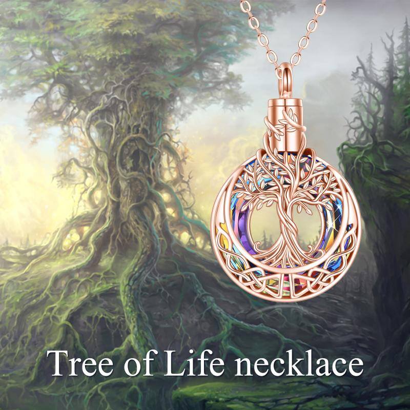 Sterling Silver with Rose Gold Plated Circular Shaped Crystal Tree Of Life & Celtic Knot Urn Necklace for Ashes