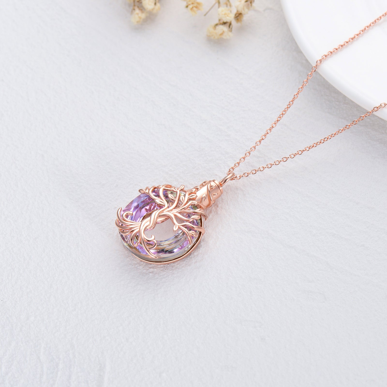 Sterling Silver with Rose Gold Plated Circular Shaped Crystal Tree Of Life Urn Necklace for Ashes